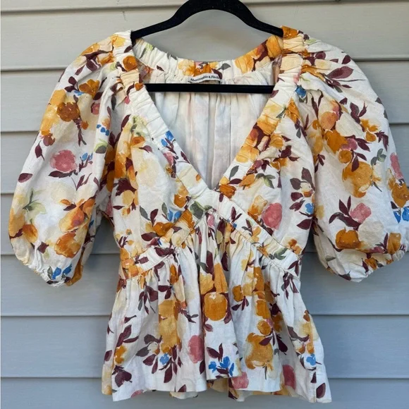 Abercrombie & Fitch Floral linen Peplum Blouse Small Puff Sleeve Cottagecore - Picture 2 of 6